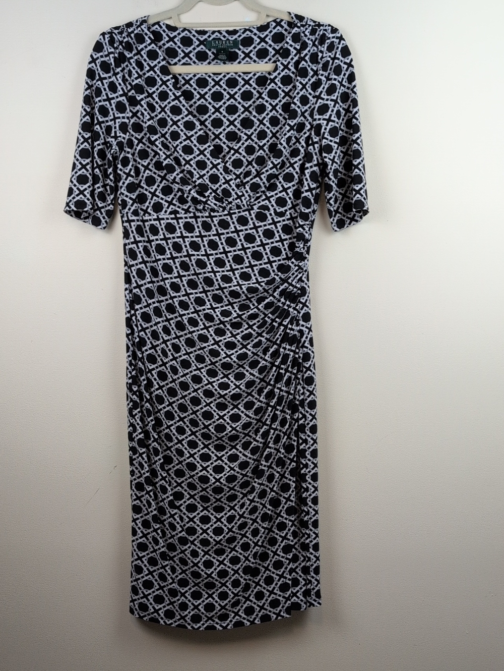 Lauren Ralph Lauren Black, White & Gray Geometric Print Faux Wrap Dress Size 8